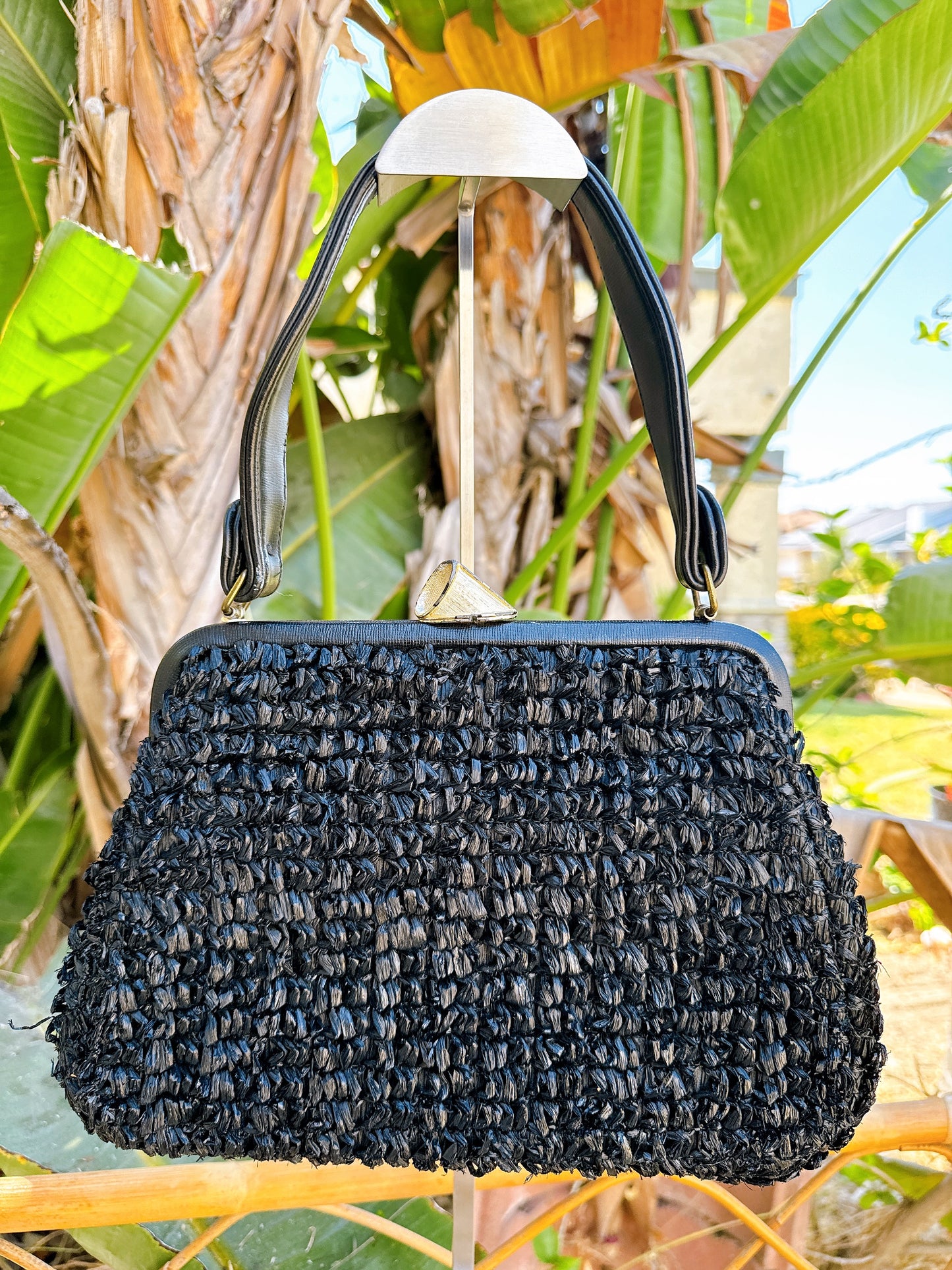 1960s Black Raffia Straw and Leather Purse