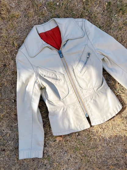 1970s Cream Petite Leather Jacket Acme Zipper