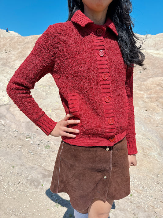 1960s Cranberry Boucle Knit Cardigan