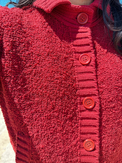 1960s Cranberry Boucle Knit Cardigan