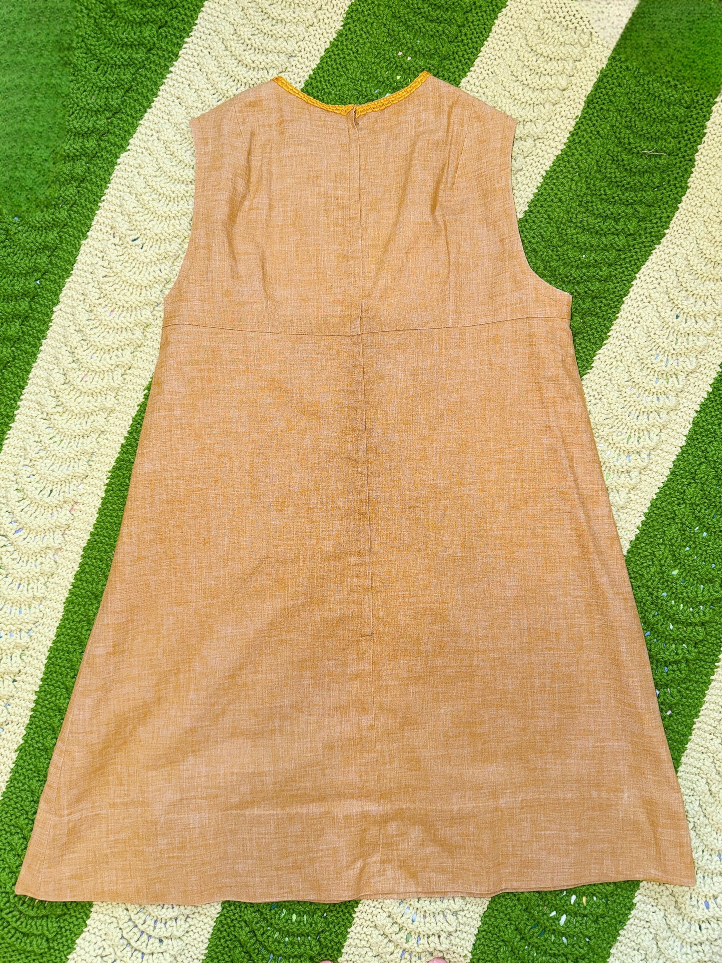 1960s Tan & Floral Embroidery Hippie Mini Shift Dress