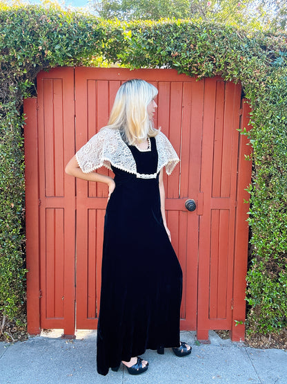 1970s Black Velvet and Lace Cape Maxi Dress