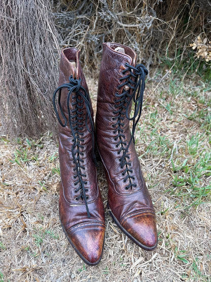 1900s Edwardian Antique Brown Leather Lace Up Boots Size 6