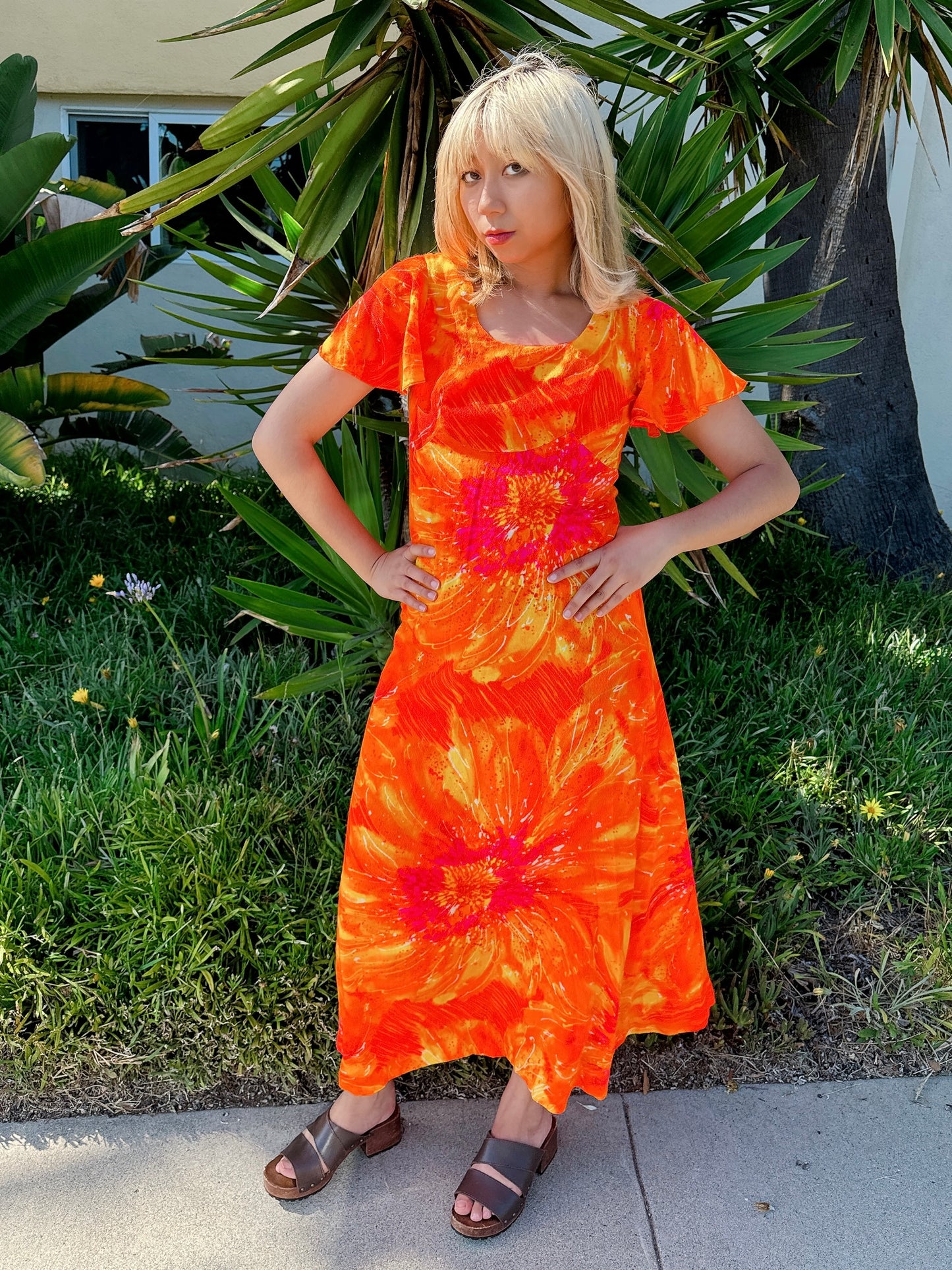 1970s Tangerine Psychedelic Flutter Sleeve Hawaiian Maxi Dress