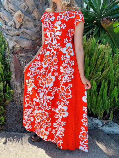 1960s Orange Hibiscus Hawaiian Maxi Dress