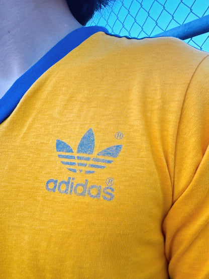 1980s Adidas Yellow & Navy V-Neck T-Shirt