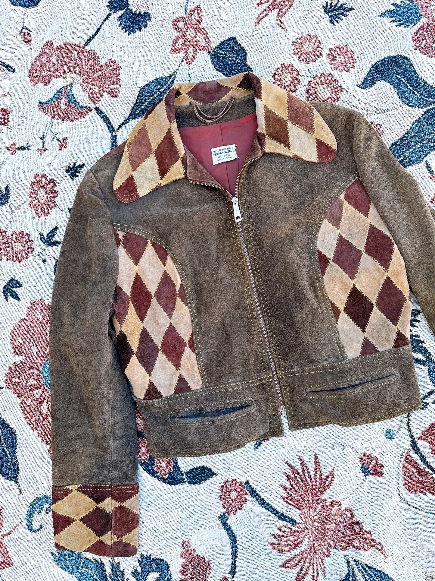 1960s RARE Brown Harlequin Diamonds Cropped Suede Jacket