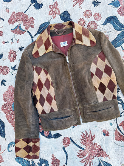 1960s RARE Brown Harlequin Diamonds Cropped Suede Jacket