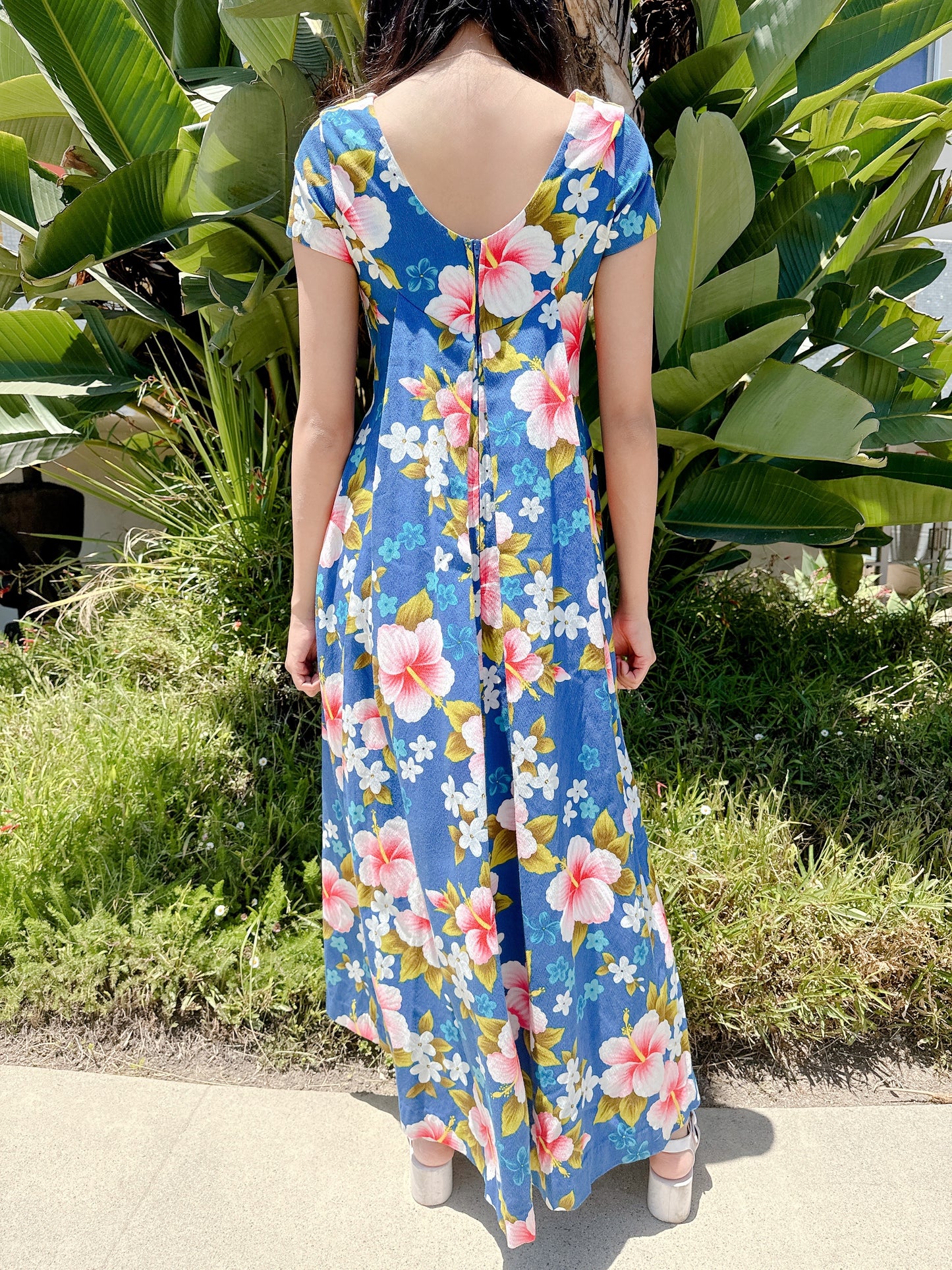 1960s Blue Aloha Floral Hawaiian Maxi Dress with Watteau Back