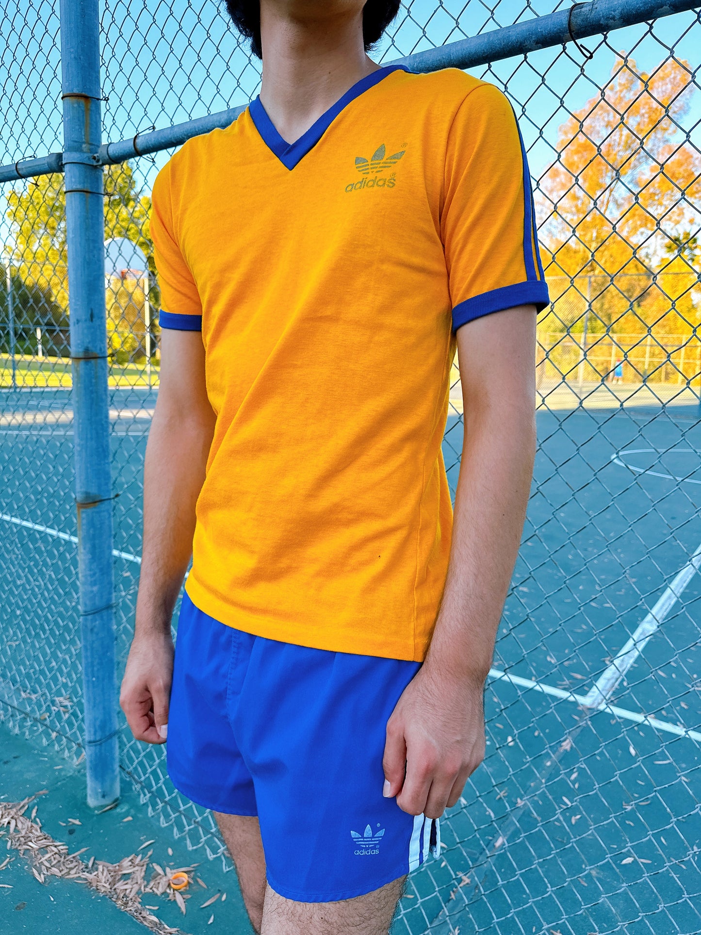 1980s Adidas Yellow & Navy V-Neck T-Shirt