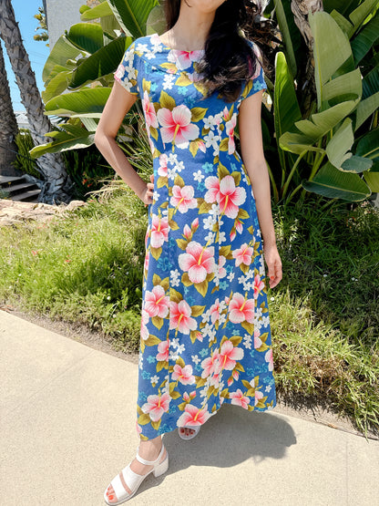 1960s Blue Aloha Floral Hawaiian Maxi Dress with Watteau Back