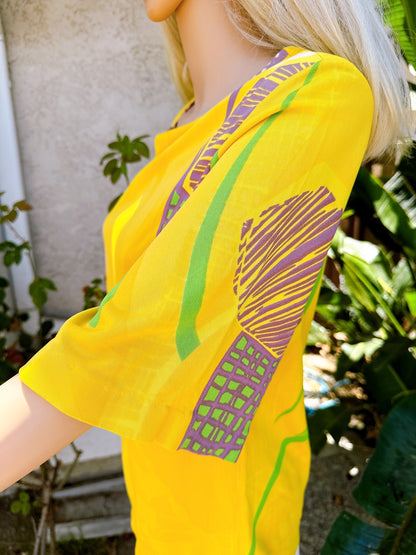 1960s Lemon Yellow Abstract Bell Sleeve Top