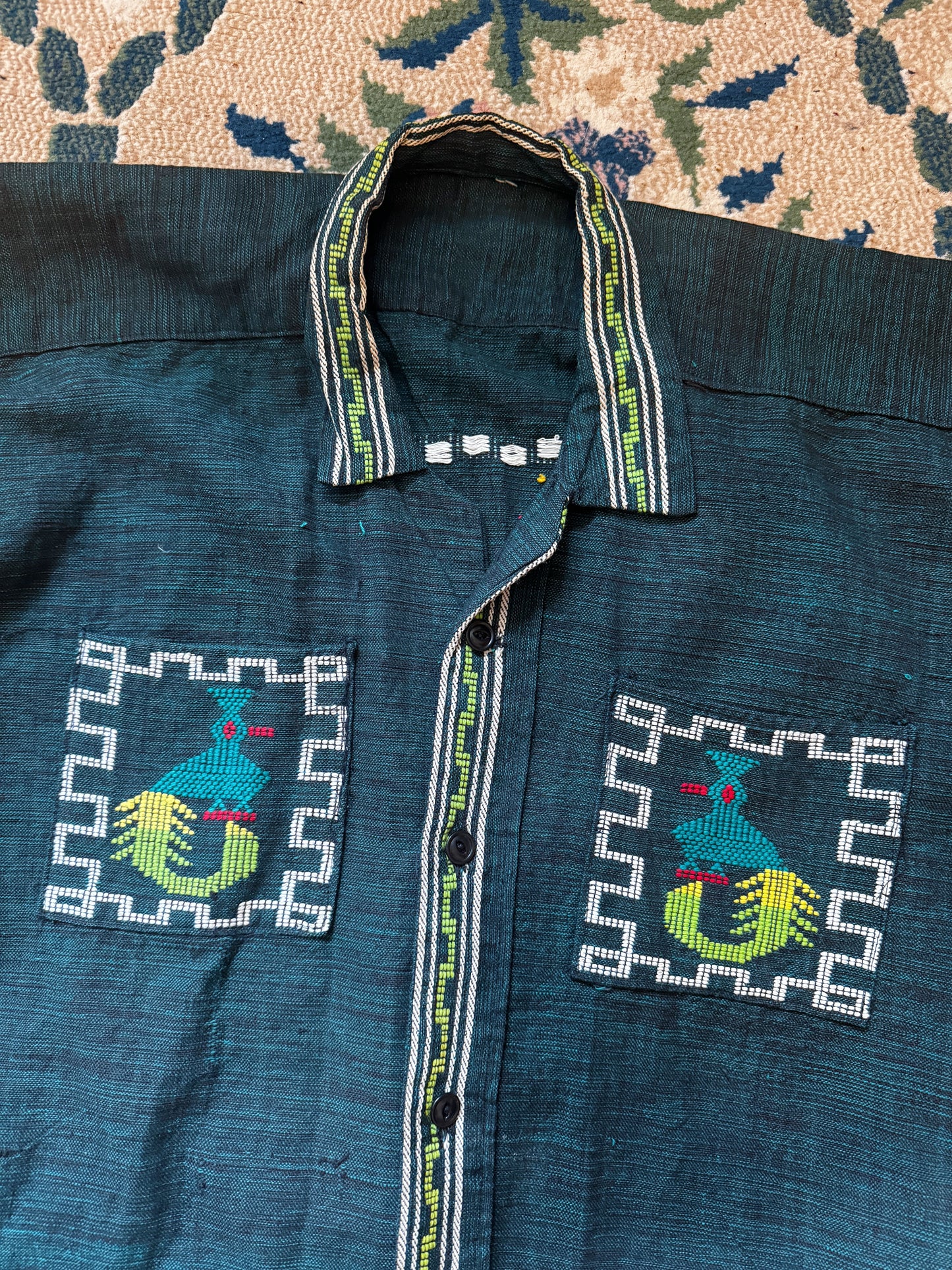 1970s Guatemalan Quetzal Bird Embroidered Cotton Folk Shirt