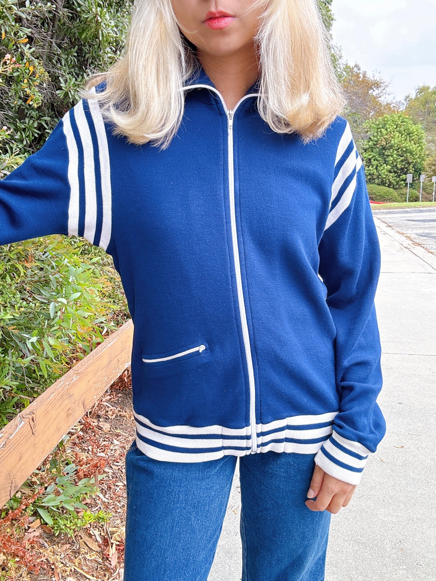 1970s Navy and White Soft Knit Tracksuit Zip-Up Jacket