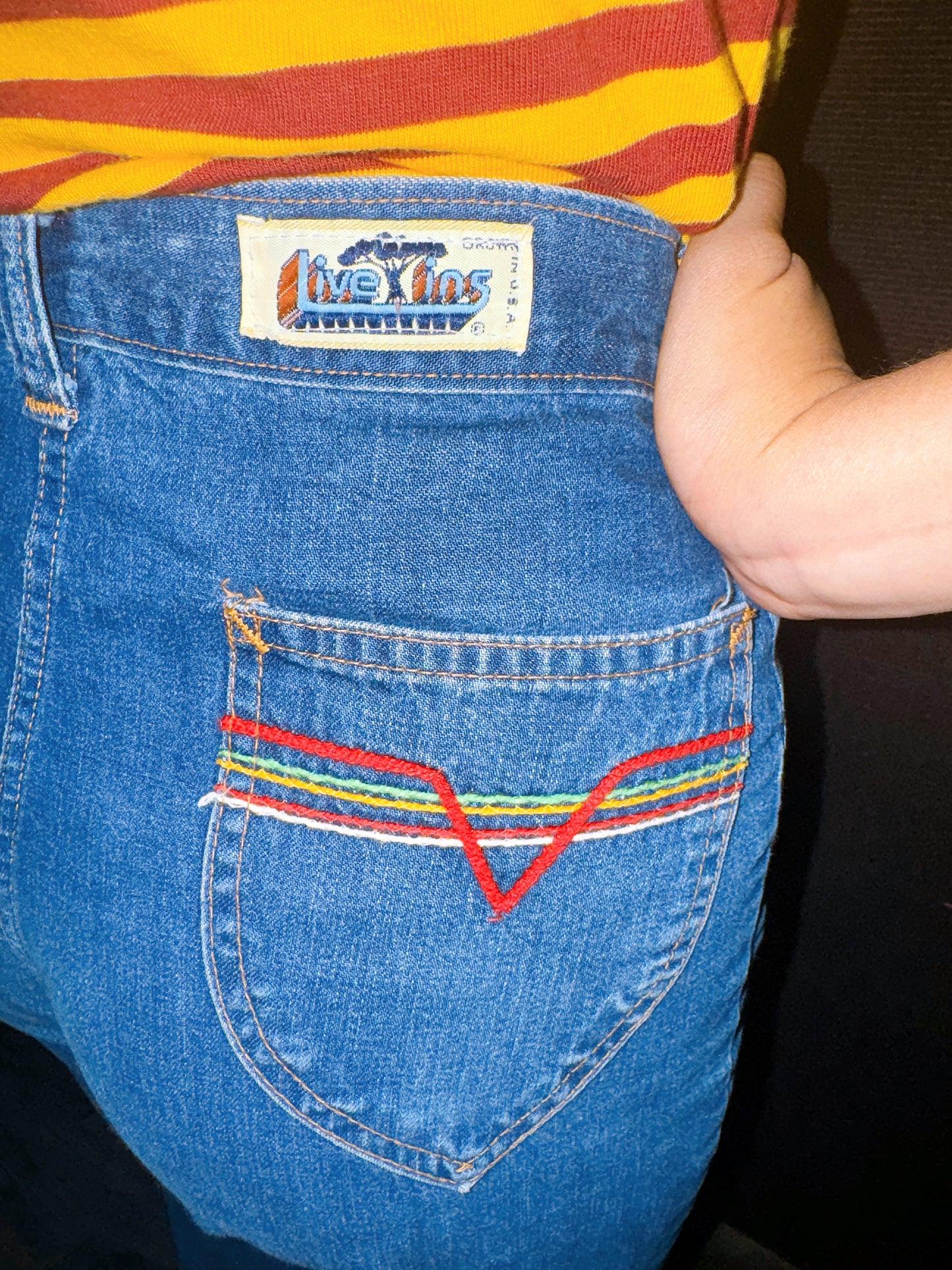 1970s Colorful Contrast Stitch Denim Jeans by Live Ins