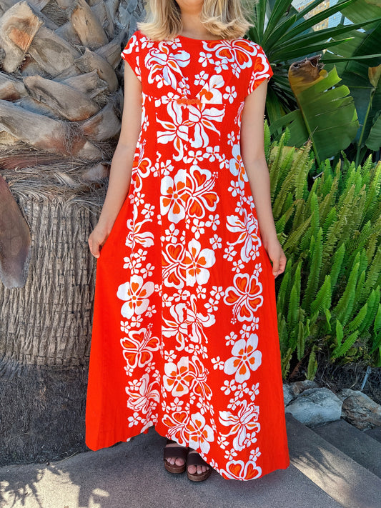 1960s Orange Hibiscus Hawaiian Maxi Dress