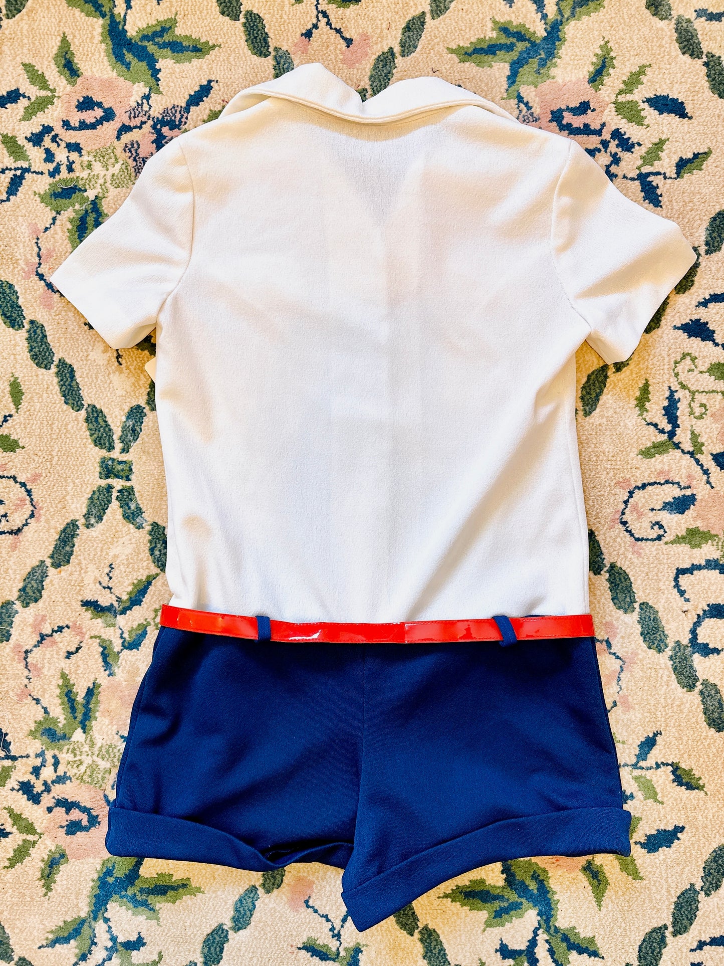 1970s Dagger Collar Navy / White / Red Hot Pants Mini Romper