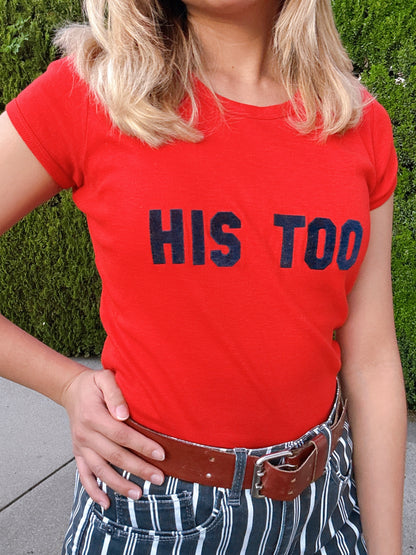 1970s “His Too” Black Velvet Appliqué Novelty Red T-Shirt