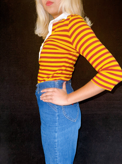 1970s Red & Yellow Striped Polo Dagger Collar Top