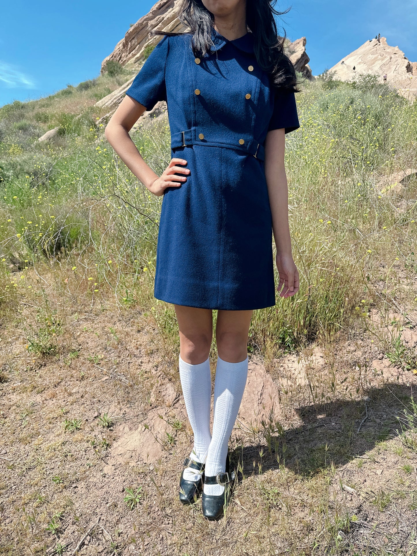 1960s Navy Blue and Gold Buttons Wool Mini Dress