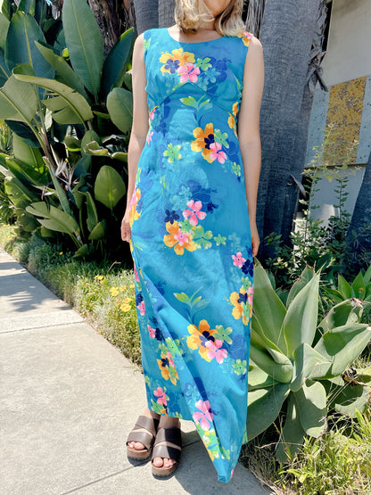 1960s Turquoise & Hot Pink Hawaiian Maxi Dress