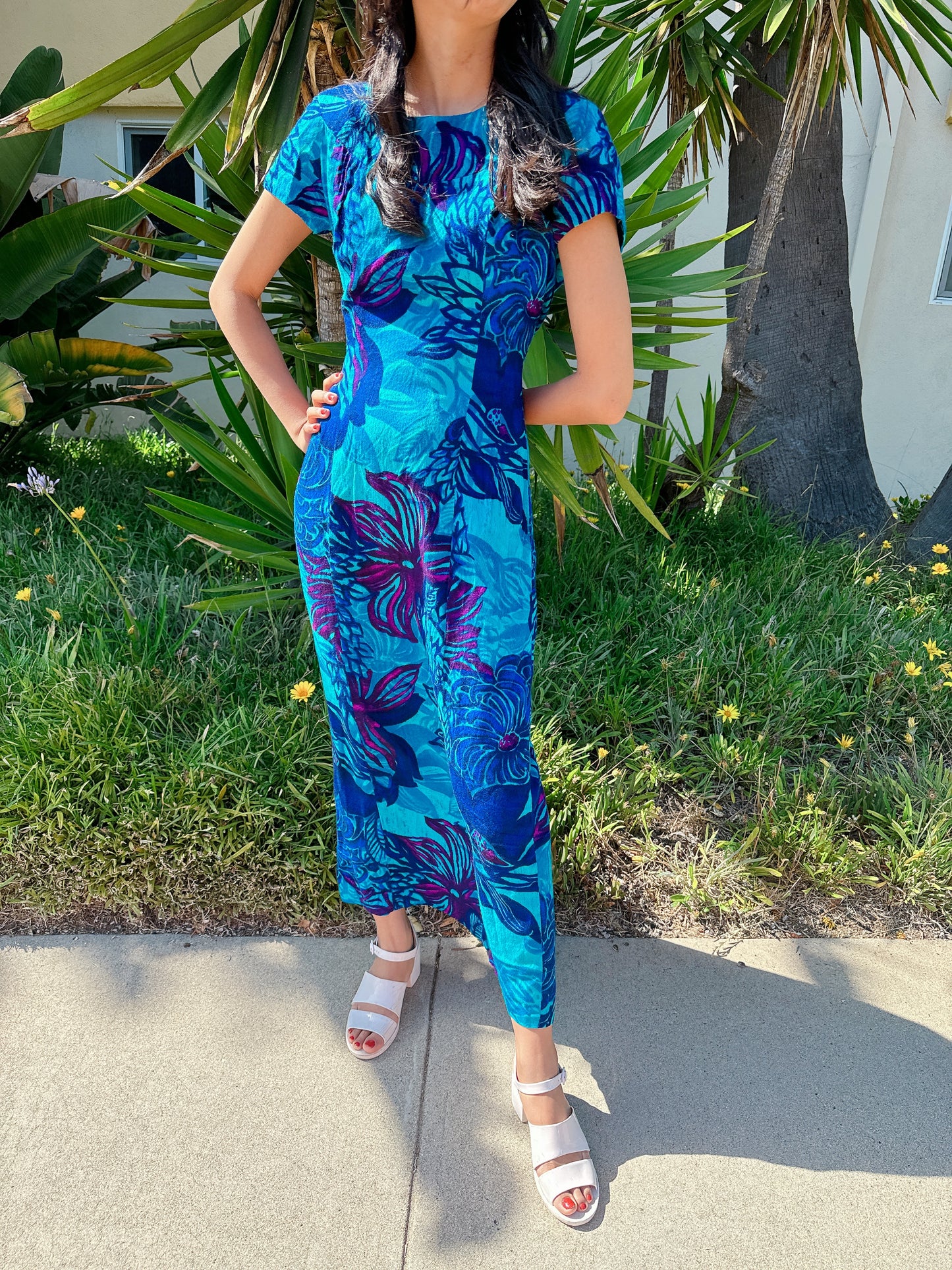 1960s Deep Sea Blue Floral Hawaiian Maxi Dress