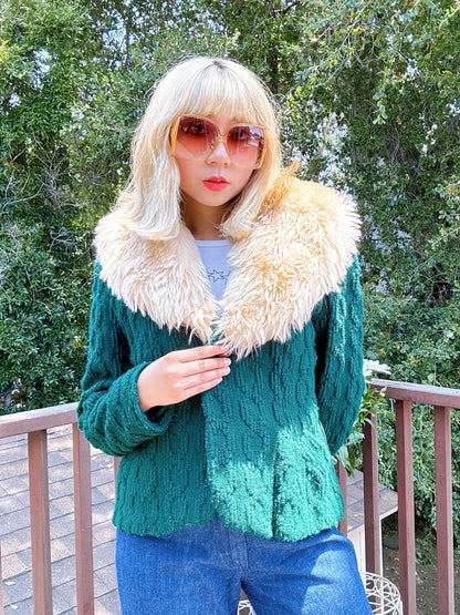 1970s Deep Pine Boucle & Faux Fur Collar Jacket