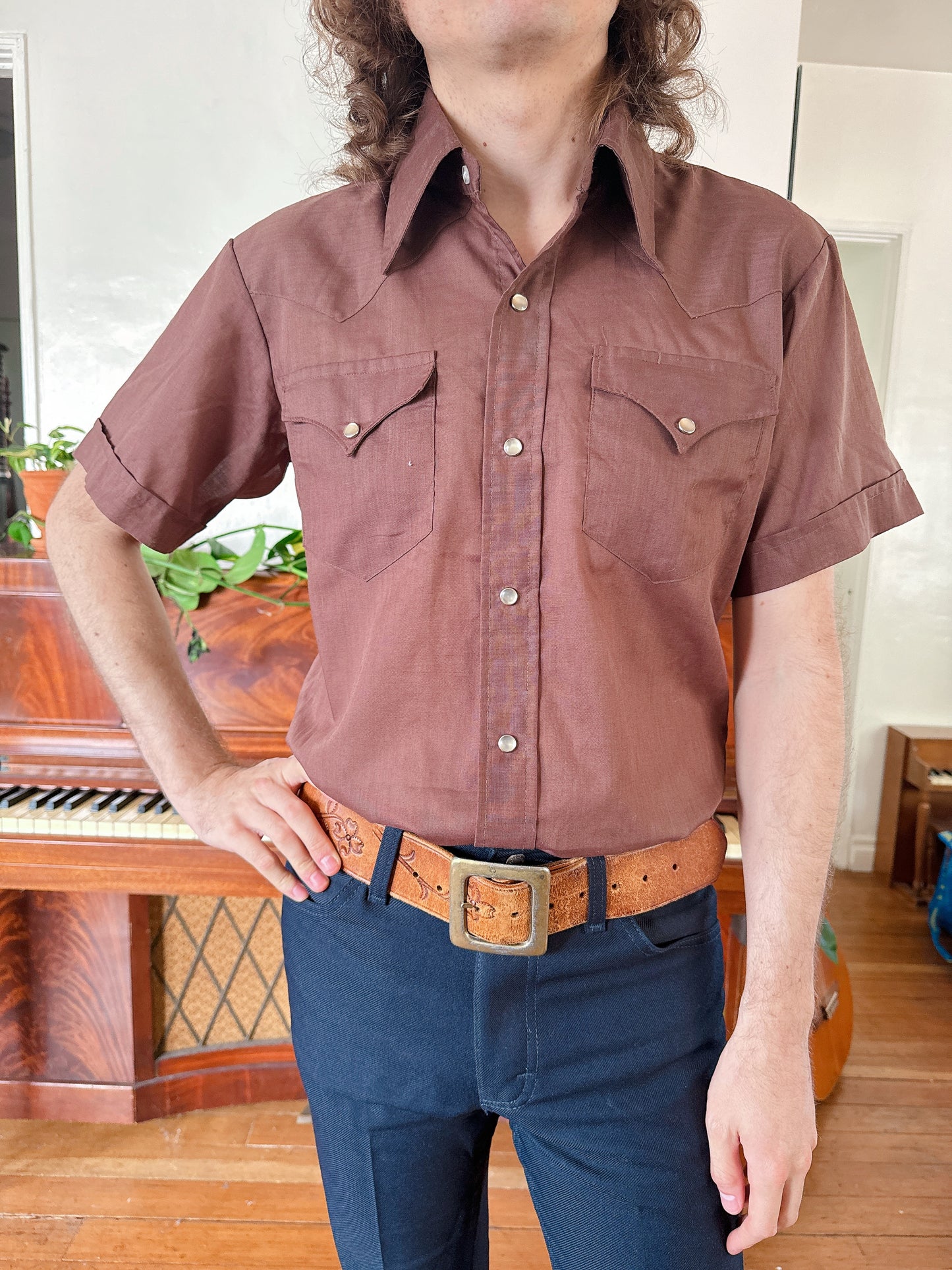 1970s Brown Western Short Sleeve Top by H Bar C