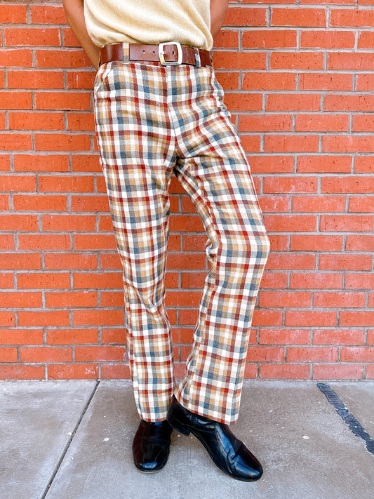 1960s Cricketeer Plaid by Country Plaid Brown, Burgundy, Blue Plaid Pants 33x33