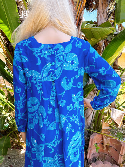 1960s Blue Hawaiian Long Sleeve Maxi Dress