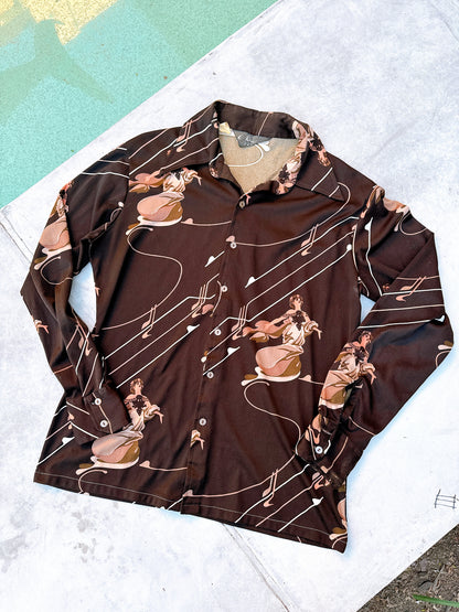 1970s Novelty Musical Goddess Chocolate Brown Polyester Disco Button Up Top