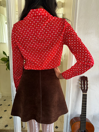 1970s Cherry Red and White Abstract Polka Dot Button Up Top