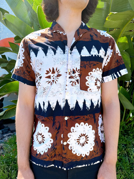 1960s Brown, Black, & White Hawaiian Shirt