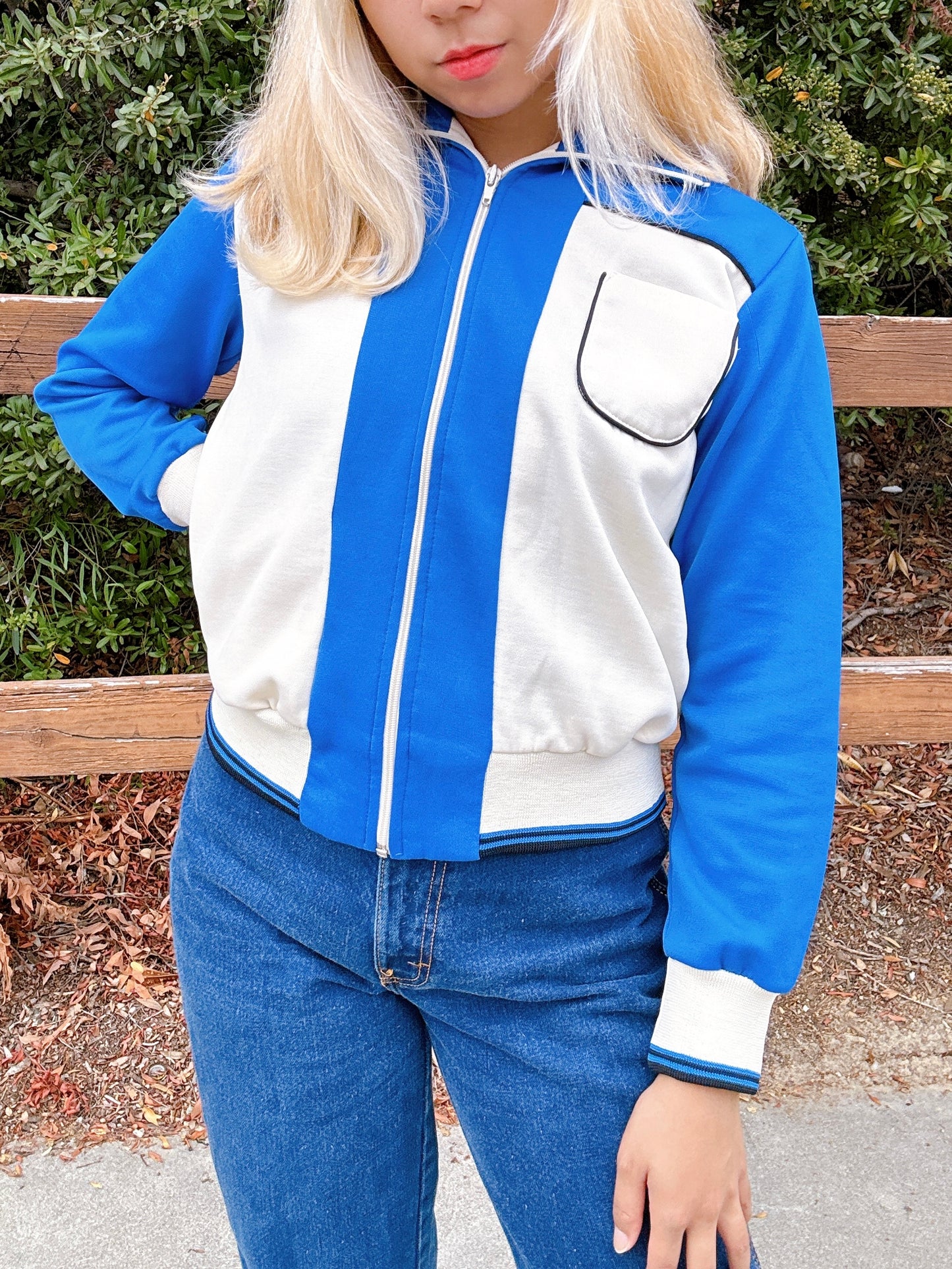 1970s Blue & White Cropped Tracksuit Zip-Up Jacket