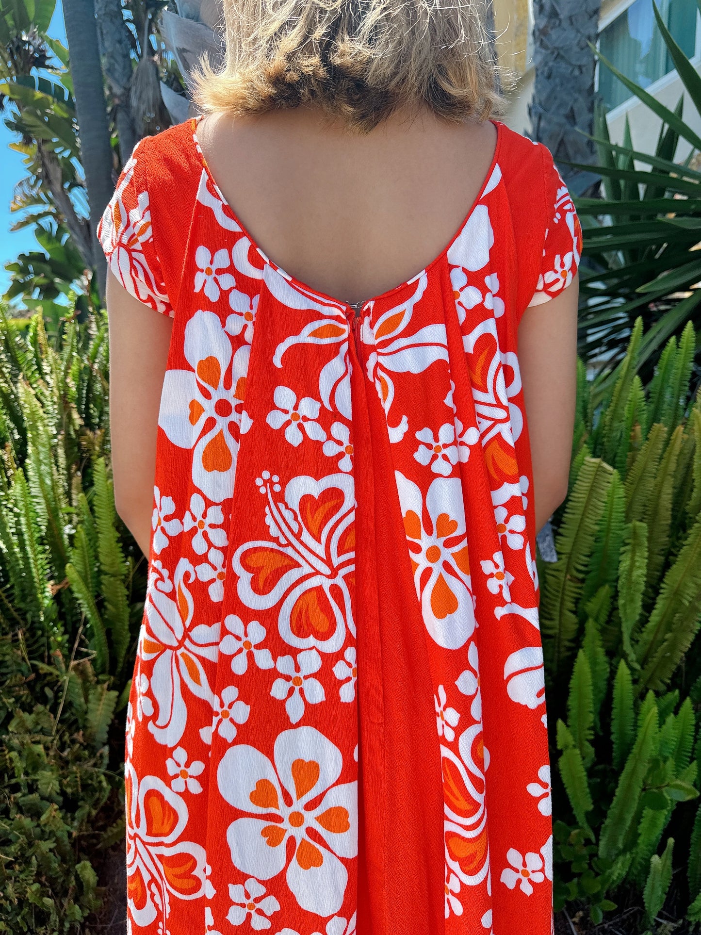 1960s Orange Hibiscus Hawaiian Maxi Dress