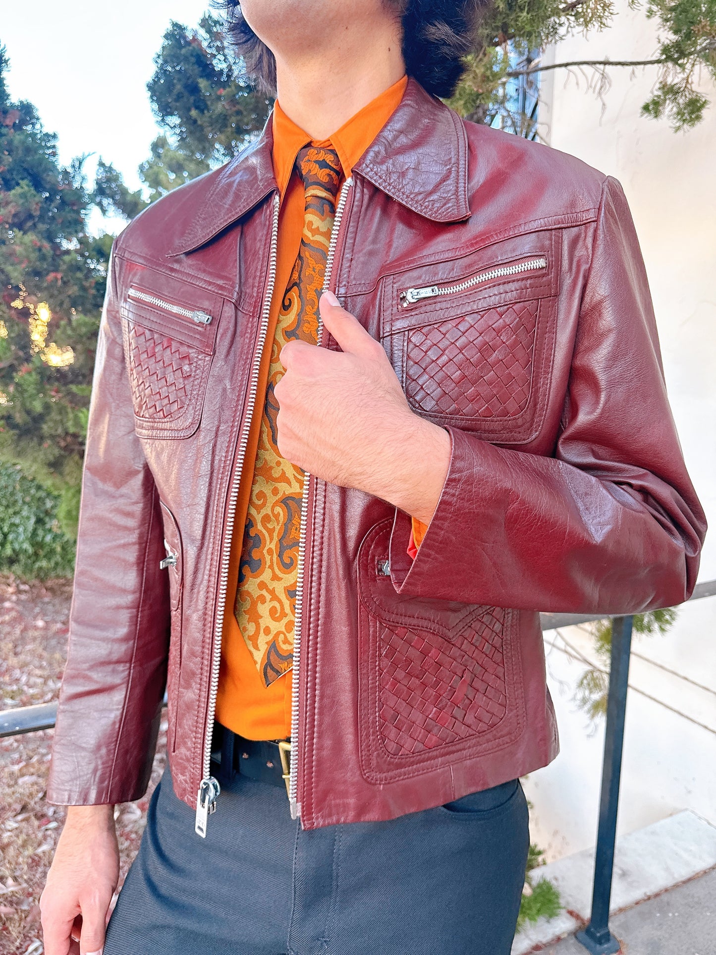 1970s Burgundy Basket Weave Pockets and Metal Zipper Leather Jacket