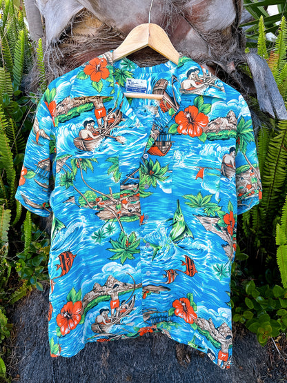 1960s Hawaiian Island Sleeve Water Rayon Hawaiian Shirt