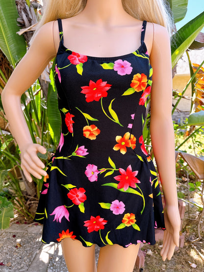 1990s Black Floral Swim Dress by Cole of California