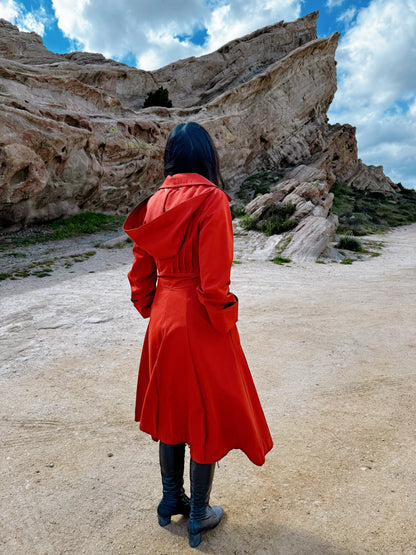 1970s Brick Red Trench Coat with Detachable Hood