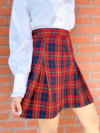 1980s Red & Navy Pleated Plaid Skirt