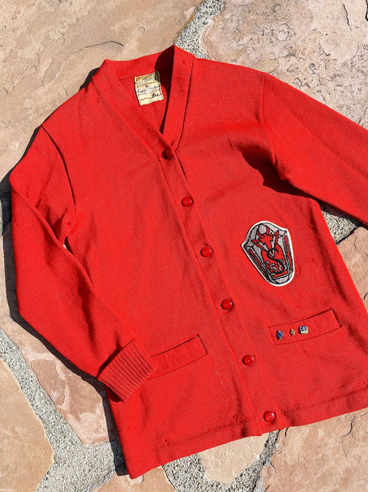 1950s 1958 Red 100% Wool School Cardigan