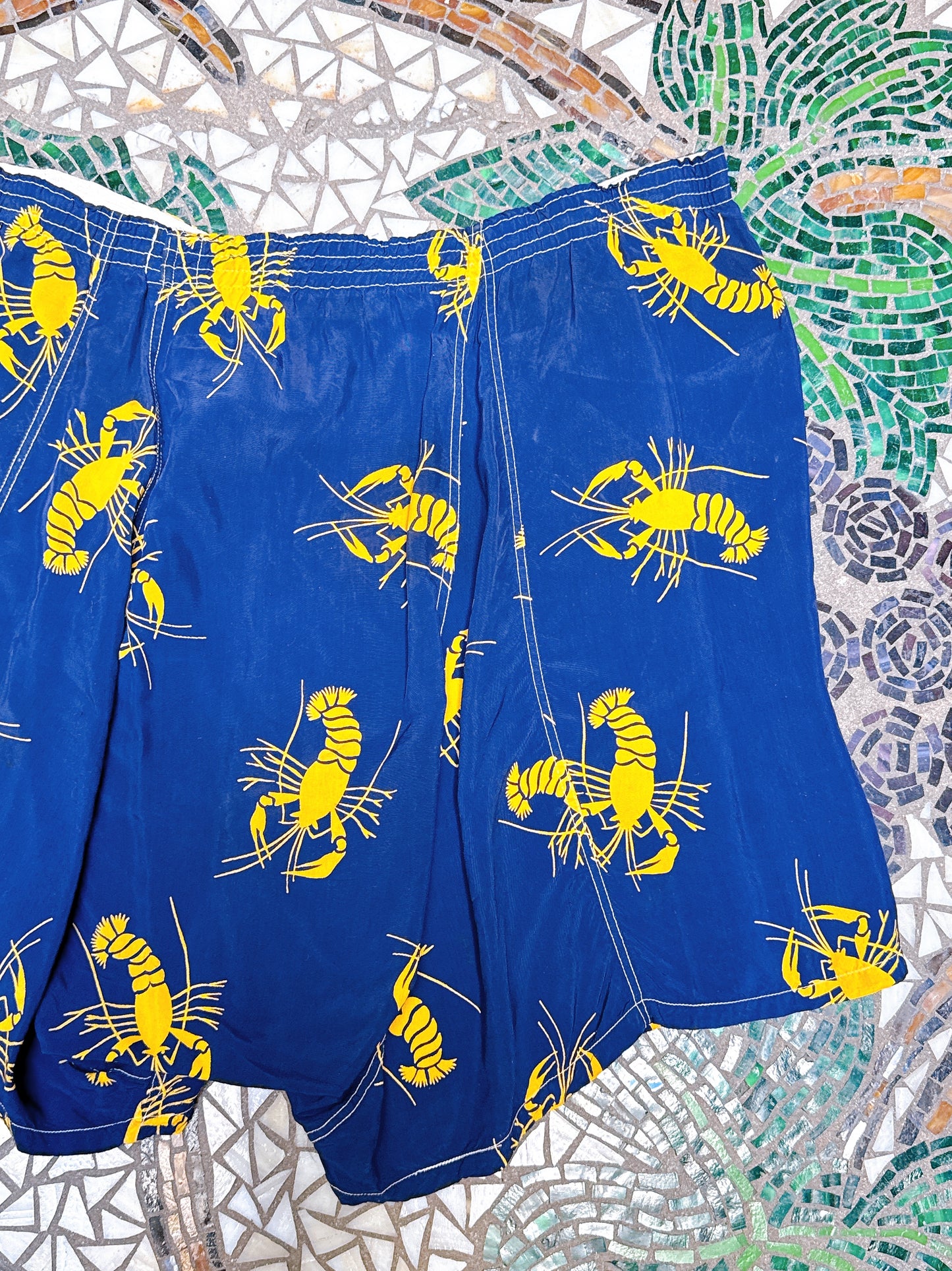 1940s Crawfish Lobster Novelty Navy & Yellow Boxer Shorts Waist 34” - 40”