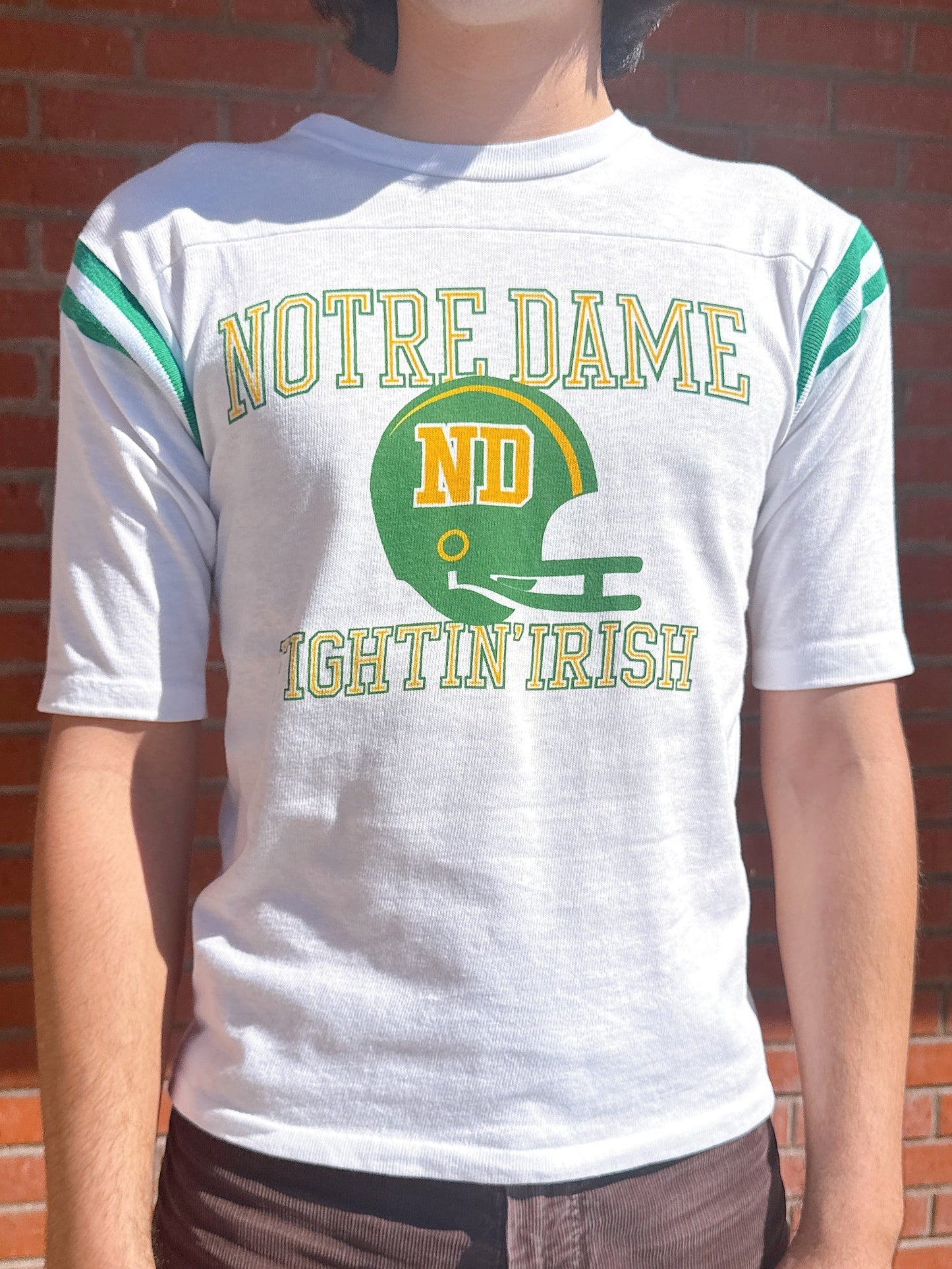 1970s “Notre Dame Fightin’ Irish” White & Green Novelty Raglan T-Shirt