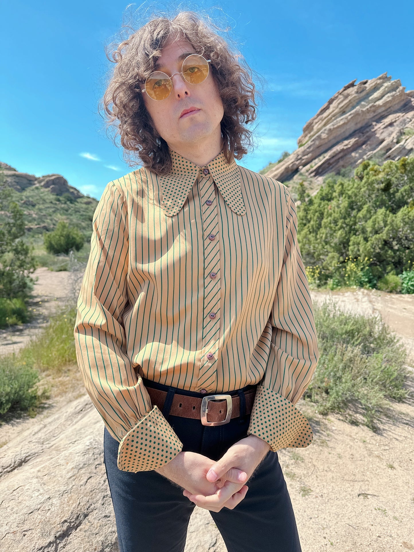 1970s Stripe and Polka Dot Beagle Collar Button Up Top