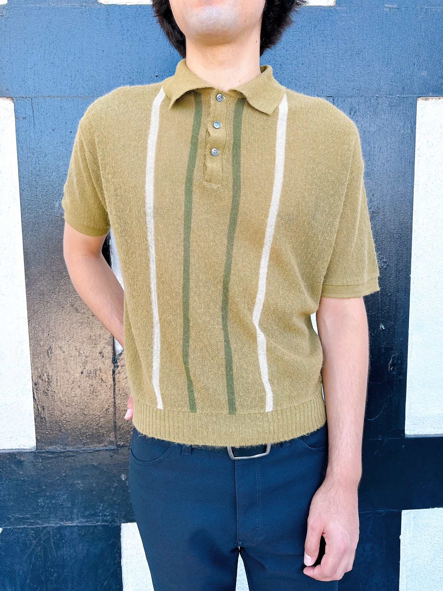 1960s Olive & White Stripe Knit Polo Top