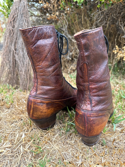 1900s Edwardian Antique Brown Leather Lace Up Boots Size 6