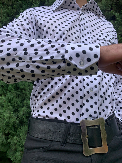 1970s Deadstock White and Black Polka Dot Polyester Shirt