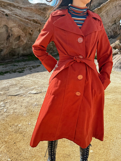 1970s Brick Red Trench Coat with Detachable Hood