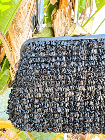 1960s Black Raffia Straw and Leather Purse