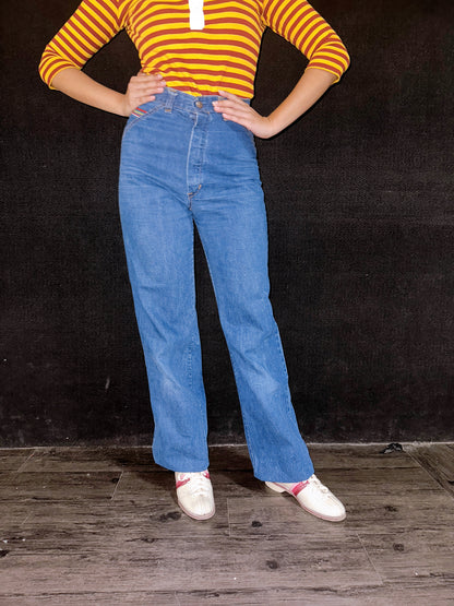 1970s Colorful Contrast Stitch Denim Jeans by Live Ins